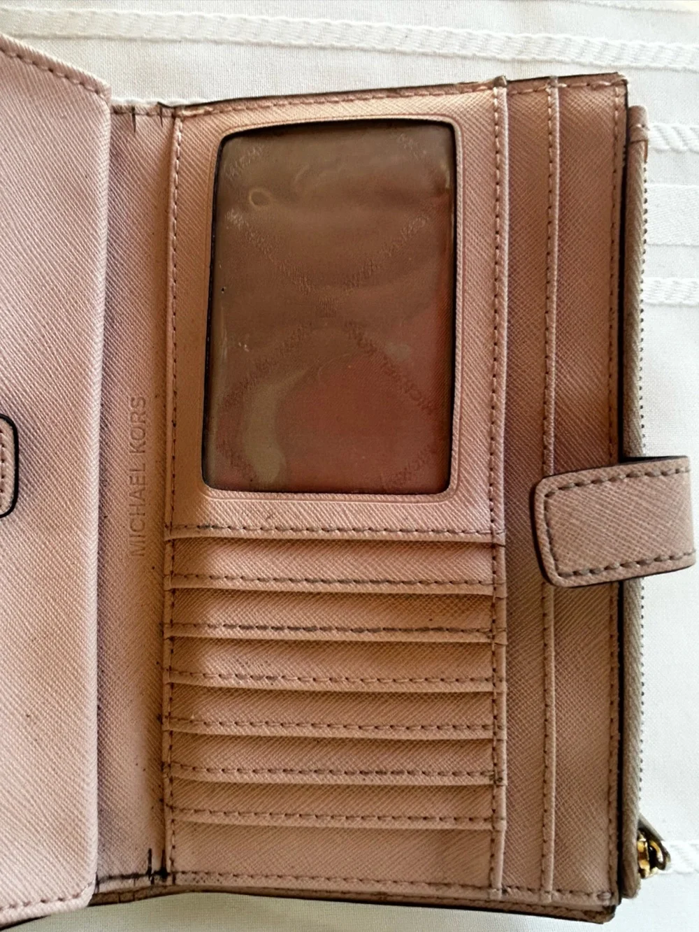 Michael Kors Jet Set Doubke Zip Wristlet Saffiano Leather Card Wallet Pink Gold